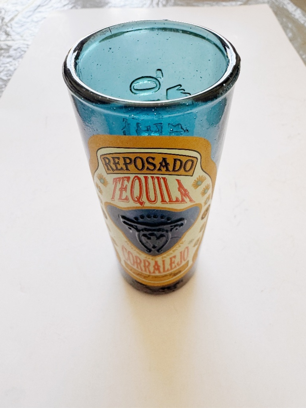Tequila Corralejo Blue Cut Bottle Glass 4.5" Reposado Logo Drinking Glass